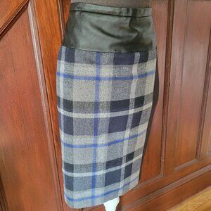 Calvin Klein Womens Plaid Pencil Skirt Faux Leather Waistband Size 12 Wool Blend